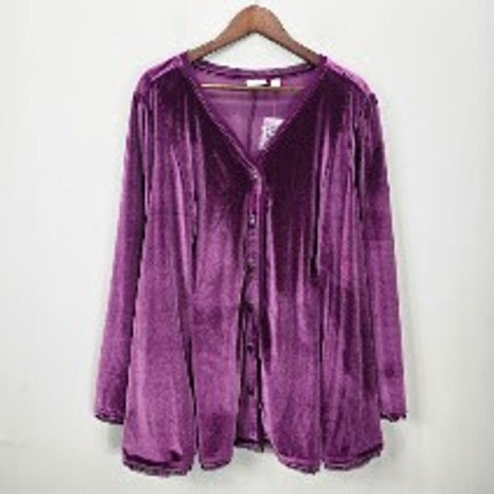 LOGO Lori Goldstein Lavish Velvet Button Up Top 3X Purple V-Neck Formal NWT